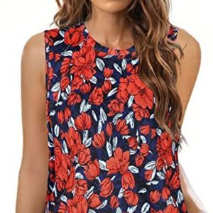 Women Summer Tops Sleeveless T Shirts Floral Loose Fit Casual Tank Blouse